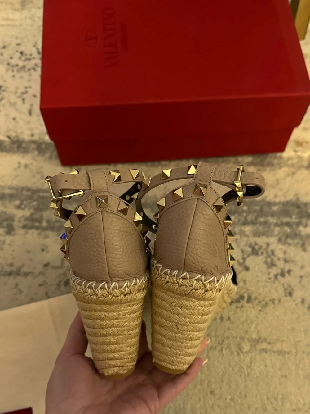 🆕 Valentino Garavani Double Rockstud Grainy Calfskin Sandal 105 MM Espadrilles